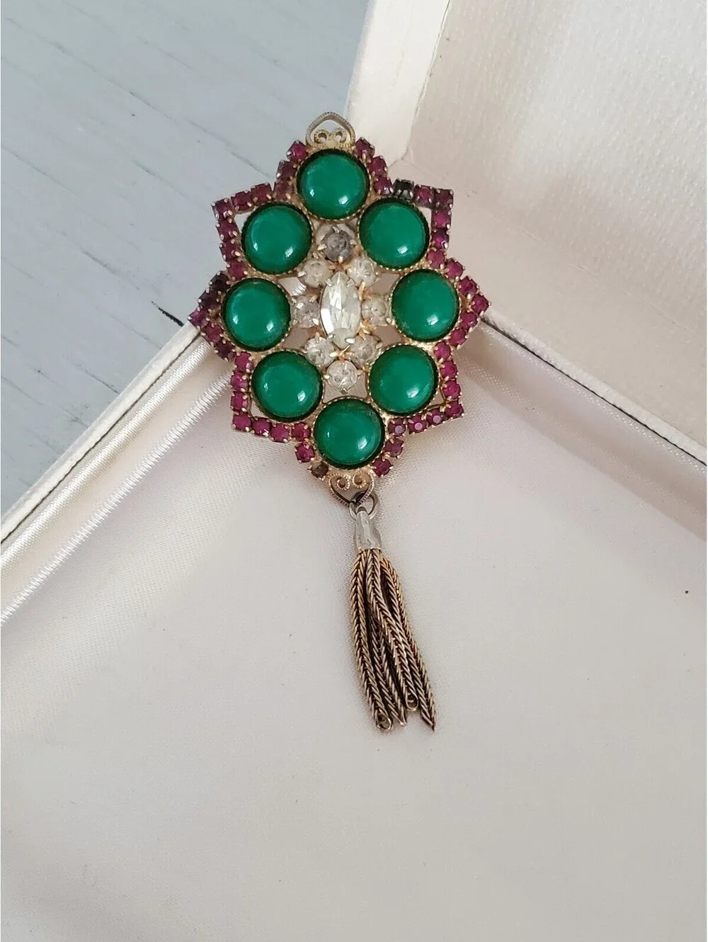 Vintage Green Cabochons Purple Rhinestone Mesh Dangle Brooch